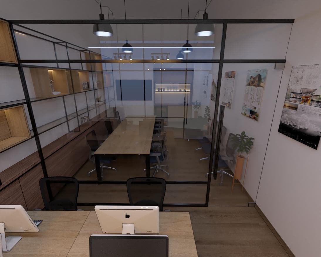 Zona de trabajo y sala de reuniones — render de oficina INGCISOL