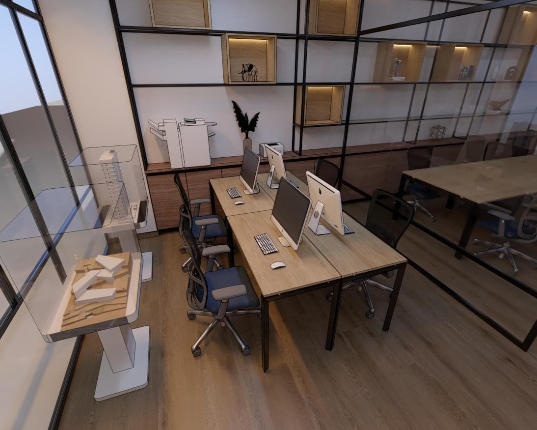 Estaciones de trabajo con maqueta arquitectónica — render de oficina INGCISOL