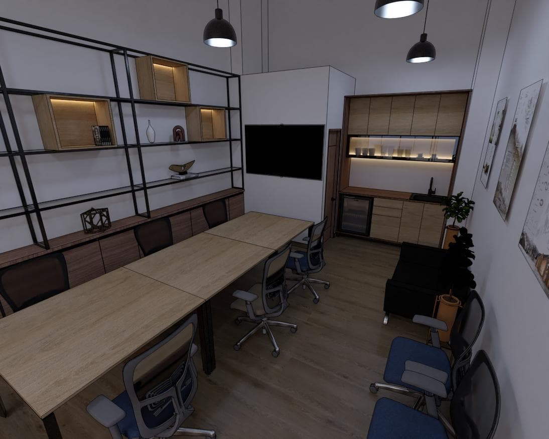 Sala de reuniones con biblioteca técnica — render de oficina INGCISOL